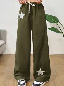 SHEIN Teen Girls Colorblock Star Five-Pointed Star Patch Colorblock Drawstring Pants, Lightweight Windbreaker Casual Street Chic Sporty Versatile Trousers - Army Green - View 1