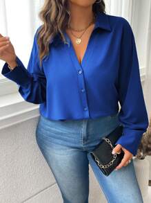 Flirla 大码女式纯色落肩长袖单排扣休闲衬衫，秋季 - 寶藍色 - 查看 4