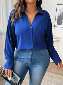 Flirla 大码女式纯色落肩长袖单排扣休闲衬衫，秋季 - 寶藍色 - 查看 1