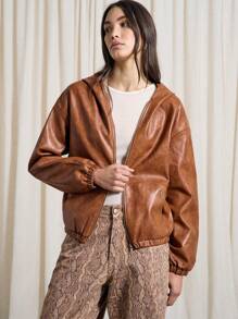 AiiRZ 优质连帽皮革飞行员夹克，带拉链口袋，弹性袖口，秋冬休闲外套，时尚单品 - 咖啡棕 - 查看 4