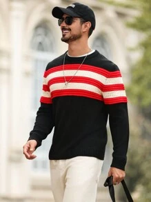 Manfinity CityGents Jersey de cuello redondo de punto casual con estampado rayado de color contrastante de manga larga para hombre - Negro - Ver 5