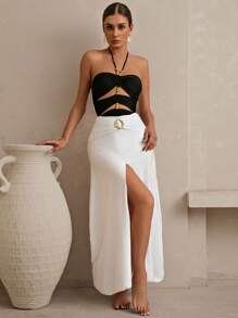 Swim Oasis Luxurious High-End Color Block Splice Halter One-Piece Swimsuit With Skirt Summer