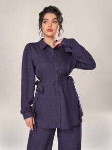 Graceveil 2pcs Women Casual Solid Color Texture Button Front Top And Pants Set, Autumn 2 Pieces Set Modest Fall Cloth For Women - Purple - View 4