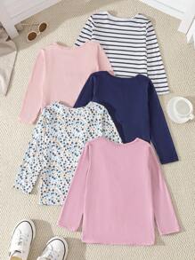 SHEIN Genkimix Kids 5pcs/Set Young Girl Cute Cartoon Rabbit Striped & Floral Multi-Piece Long Sleeve T-Shirts, School, Campus, College