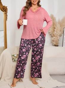 Floral Print Knitted Long Sleeve Plus Size Pajama Set