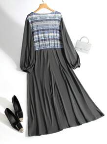 Al Najma Plus Size Vintage Geometric Print Patchwork Casual Dress, Autumn - Dark Grey - View 3