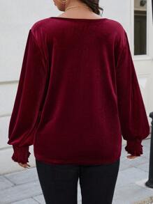 SHEIN LUNE 大码纯色V领优雅长袖衬衫，适合办公室穿着，新年女士冬季款 - 酒紅色 - 查看 2