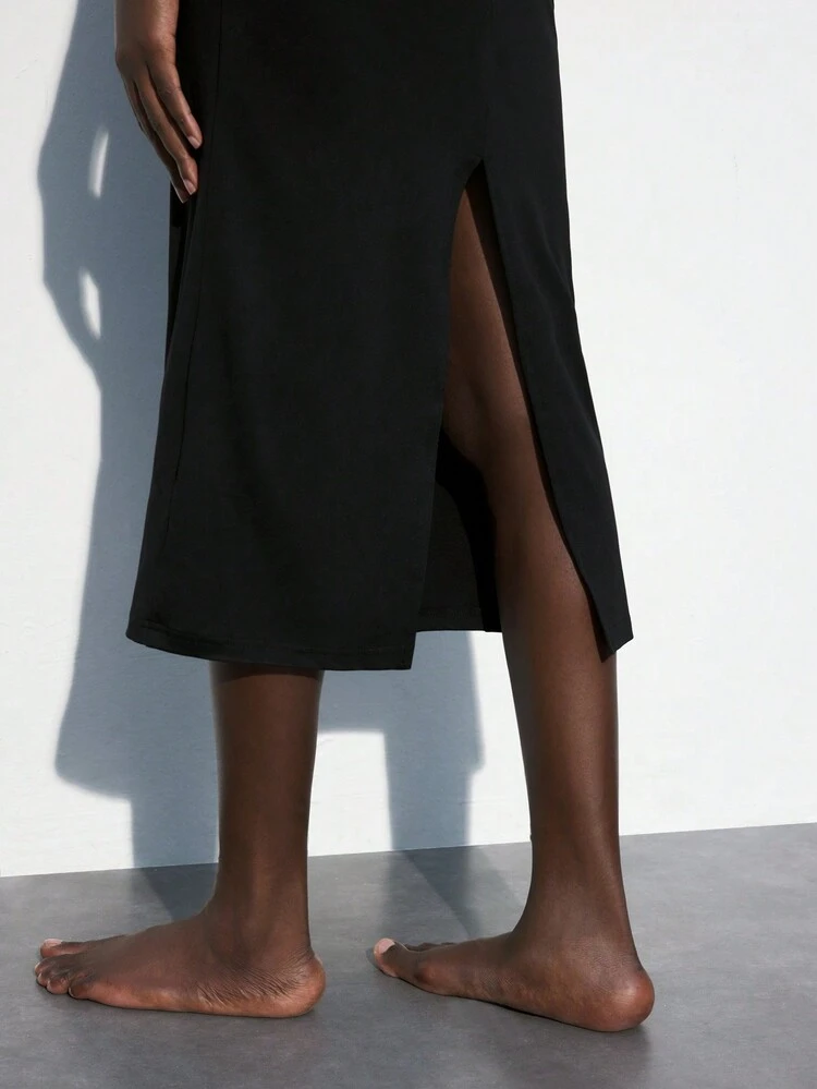 SHEIN Maija Women Black Solid Color Metal Decor Ruched Long Sleeve Hollow Casual Midi Dress, Suitable For Party & Event In Autumn/Winter Valentine's Day