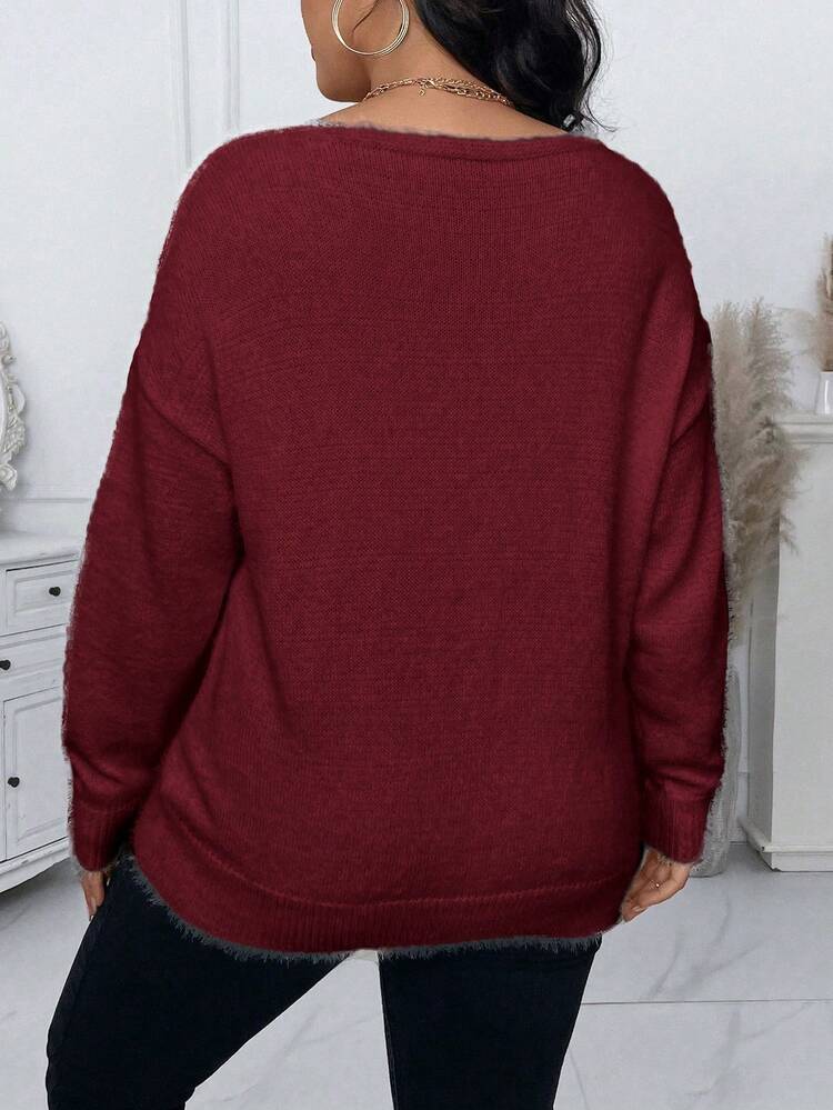 Calvaya Plus Size Plain V-Neck Long Sleeve Minimalist Sweater, Casual For Daily Wear, Winter Knit Pullover Fall - Burgundy - View 2