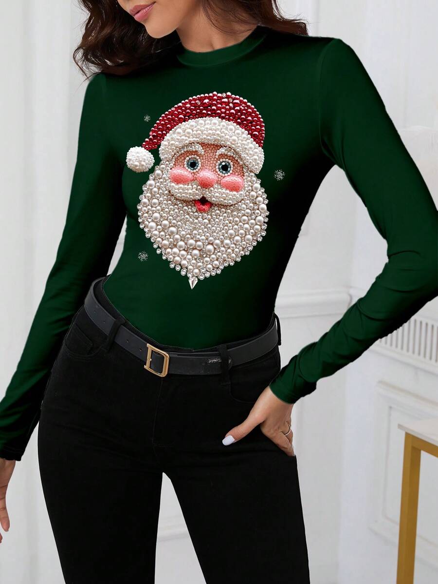 SHEIN Clasi 女士圣诞老人印花珍珠缀饰长袖针织圣诞毛衣