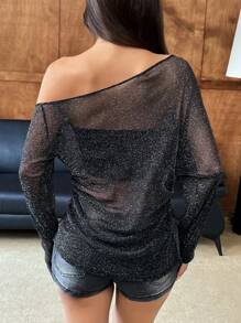 SHEIN EZwear 1pc Women Asymmetric Collar Sparkly Mesh Long Sleeve Fashion Top