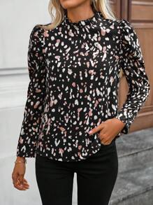 EMERY ROSE 女式碎花长袖休闲复古奢华轻薄蘑菇纽扣修身衬衫，法式浪漫百搭经典办公室装，黑色 - 黑色 - 查看 4