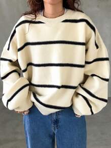 FRIFUL 女士圆领长袖条纹基本款针织毛衣，休闲日常穿着，秋季女装 - 米色 - 查看 4