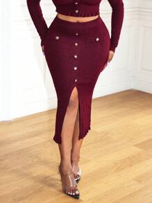 Zolique Women Elegant Solid Color Button Decor High Slit Bodycon Knit Skirt - Red - View 5