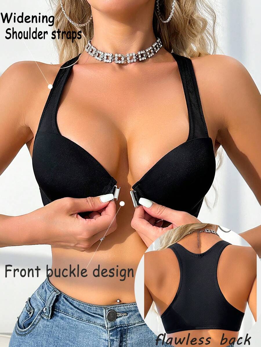 Women Simple Solid Color Adjustable Strap Front-Closure Casual Sexy Bra - Black - View 1