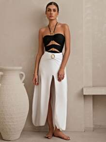 Swim Oasis Luxurious High-End Color Block Splice Halter One-Piece Swimsuit With Skirt Summer