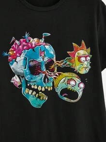 Rick and Morty X SHEIN Men's Casual Funny Cartoon Print Black Short Sleeve T-Shirt, Summer