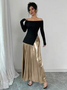 Rafferiza Đầm dài thanh lịch hở vai xẻ tà lấp lánh ánh kim tôn dáng - Đen và vàng - Xem 4