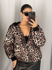 SHEIN ICON Oversized Leopard Print Patchwork Hooded Padded Coat - Brown - View 4