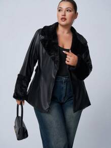 SHEIN EZwear Áo khoác cổ lông PU màu trơn cỡ lớn thường ngày, mùa thu/đông - màu đen - Xem 6