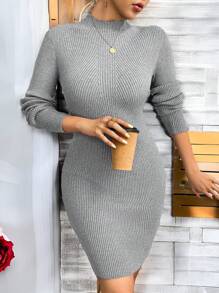 Chiquease Casual Minimalist Solid Color Ribbed Knit Fitted Sweater Dress, Autumn/Winter - Grey - View 1