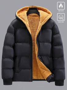 Manfinity Homme Men's Solid Color Zip-Front Hooded Padded Coat With Thermal Lined, Winter Going Out Warm Casual Coat, For Friends, Husband, Boyfriend Gifts