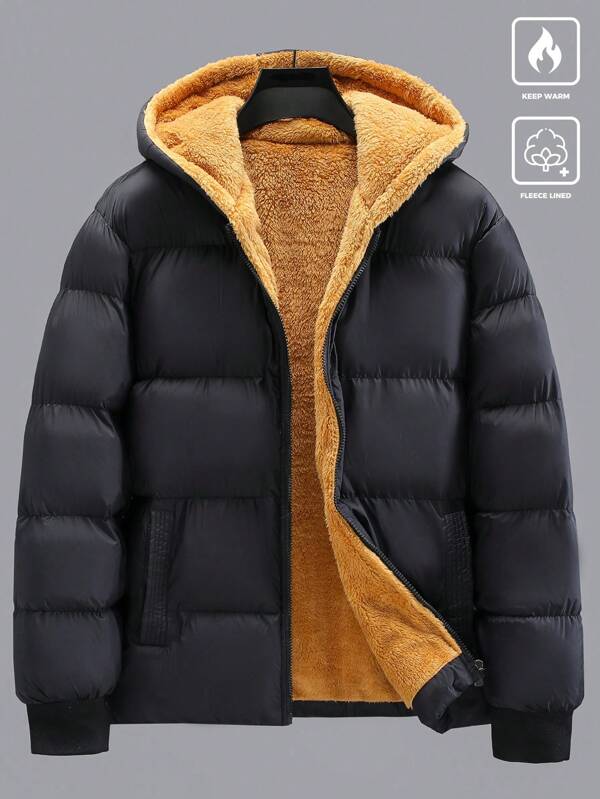 Manfinity Homme Men's Solid Color Zip-Front Hooded Padded Coat With Thermal Lined, Winter Going Out Warm Casual Coat, For Friends, Husband, Boyfriend Gifts