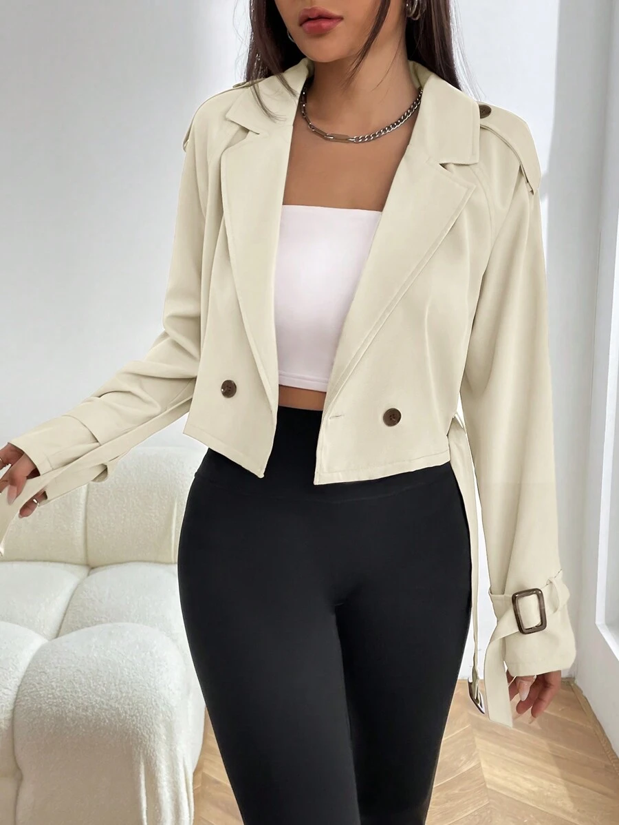 Muchica Women's Solid Color Double-Breasted Elegant Long Sleeve Trench Coat - Beige - View 1