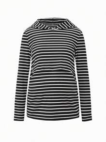 SHEIN Maternity 2pcs Women Fitted Striped Hooded Long Sleeve Tops, Nursing