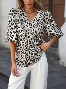 INAWLY Blusa con mangas de linterna de giro con estampado de leopardo de moda para mujer, otoño