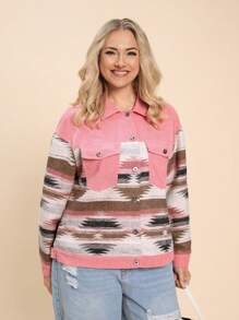 SHEIN LUNE Plus Size Geometric Pattern Patchwork Pink Shirt, Autumn/Winter Holiday - Multicolor - View 3