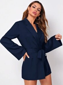 SHEIN Privé 女式纯色翻领长袖优雅编织西装外套，秋季