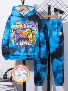 SHEIN Leap Crew Bộ 2 áo hoodie in hình trò chơi nhuộm loang lổ cho bé trai tuổi teen và quần chạy bộ dáng rộng thoải mái, thích hợp mặc khi đi làm, đi học, hàng ngày, nghỉ mát, thể thao, mùa xuân/hè/thu/đông - Nhiều màu - Xem 2