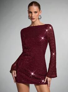 SHEIN BAE Women's Backless Shiny Sequin Mini Dress,Burgundy,Autumn,70s,Night Out,Party Gorgeous Long Bell Sleeve Homecoming Disco Club Wear Halloween - Burgundy - View 5