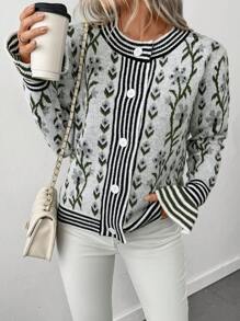 SHEIN LUNE Striped Print Front Button Casual Knit Long Sleeve Cardigan Fall Cloth For Women - Multicolor - View 5