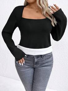 Calvaya Camiseta de manga larga sexy de ajuste ceñido con cuello cuadrado de unicolor para tallas grandes - Negro - Ver 6