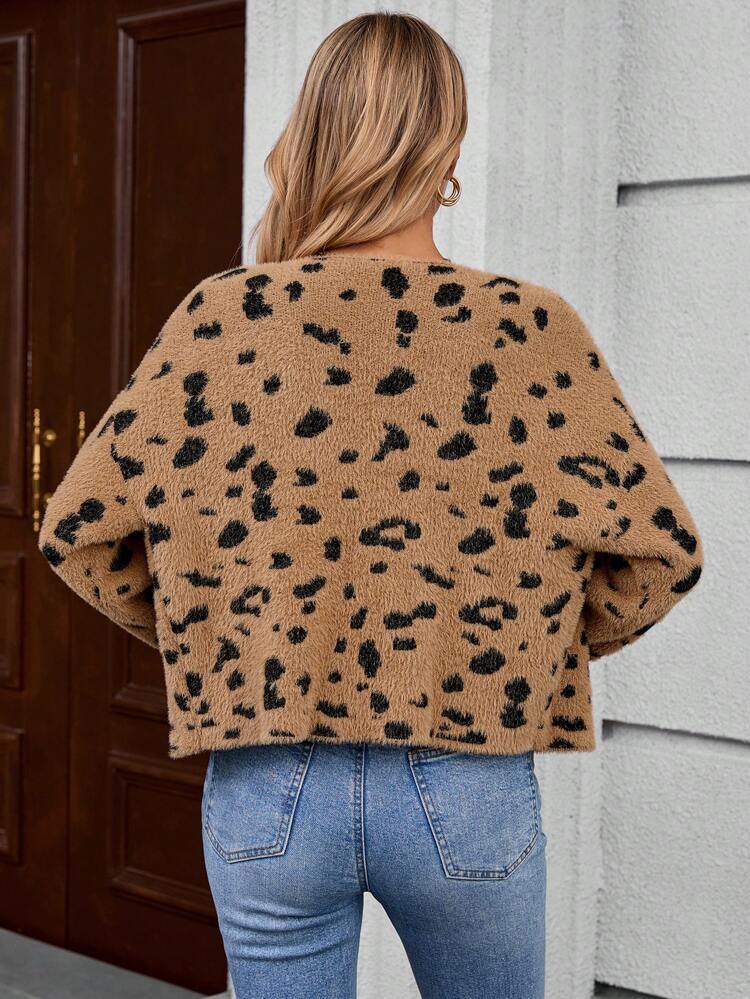 Women Leopard Print Tie Front Long Sleeve Fuzzy Loose Cardigan, Autumn/Winter