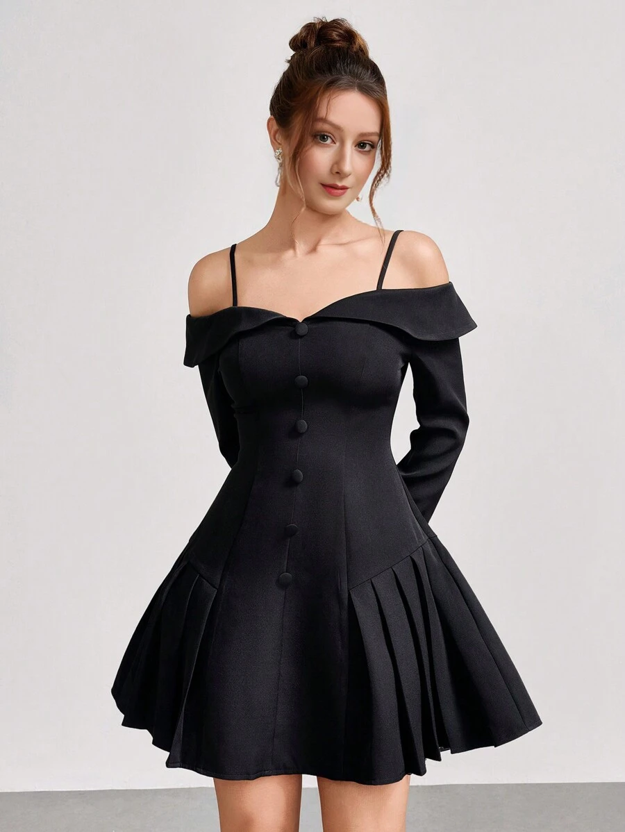 SHEIN Belle 秋冬女士宴会派对时尚优雅奢华吊带露肩收腰A字小淑女黑色连衣裙短款礼服礼服，女士秋冬正式晚礼服，派对宴会圣诞节可穿，长袖半正式舞会礼服，适合生日、婚礼嘉宾、毕业典礼、返校节 - 黑色 - 查看 1