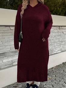 SHEIN LUNE Vestido de suéter casual con cuello en V sólido, manga larga y bajo con abertura, talla grande