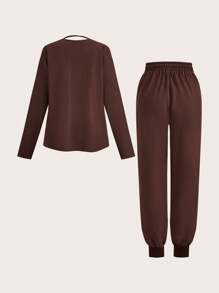 TaskEZ 1 套纯色 V 领长袖上衣和裤子制服手术服套装