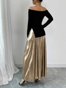 Rafferiza Đầm dài thanh lịch hở vai xẻ tà lấp lánh ánh kim tôn dáng - Đen và vàng - Xem 2