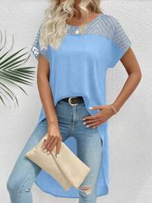 SHEIN LUNE 圆领网眼撞色纯色高低休闲短袖衬衫 - 淺藍色 - 查看 1