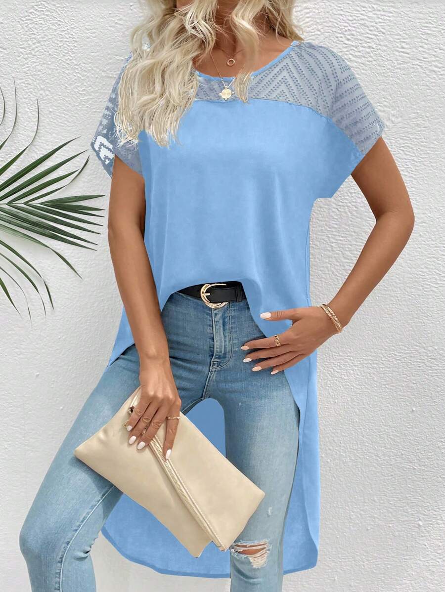 SHEIN LUNE 圆领网眼撞色纯色高低休闲短袖衬衫 - 淺藍色 - 查看 1