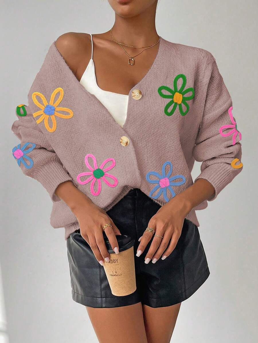 SHEIN LUNE Women Casual Floral Pattern Front Button Cardigan, Suitable For Autumn And Winter - Khaki - View 1