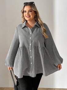 SHEIN CURVE+ Curve Plus Winter  Fall 
 Grid Pattern Lantern Sleeve Loose Cute Doll Shirt - Black and White - View 3