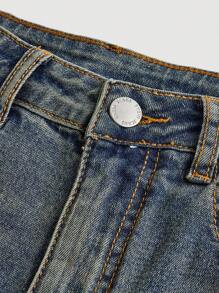 Teen Girl Fashion Versatile Washed Oblique Pocket Flared Jeans - Dark Wash - View 3