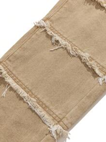 SHEIN Tween-Jungen lässige Jeans mit Applikationen und offenem Saum und geradem Bein in Khaki für Jungenkostüme, Alltagskleidung und Kinderkleidung für alle vier Jahreszeiten