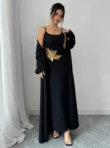 Modelyn Đầm đuôi cá bó sát in họa tiết lá vàng thanh lịch dành cho nữ 2 món - màu đen - Xem 7