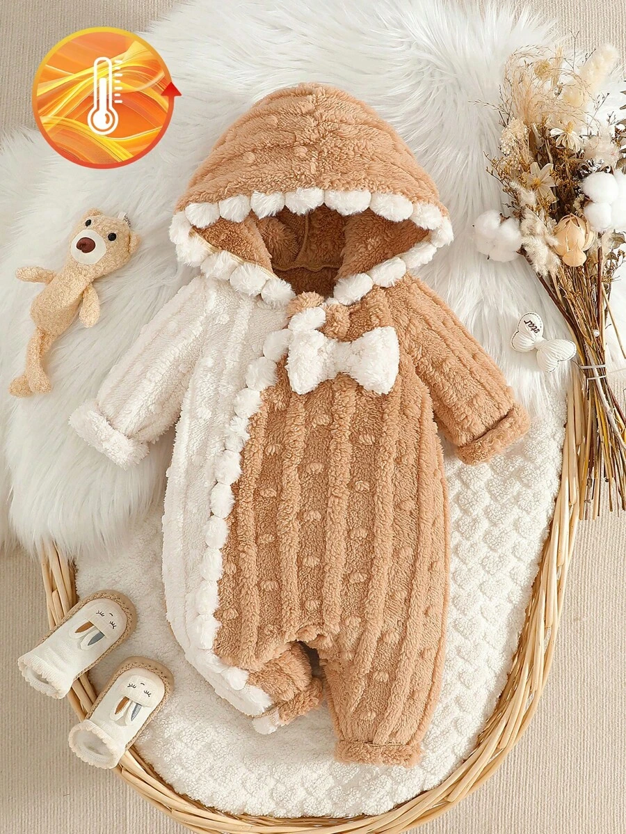 SHEIN Bộ đồ liền thân nhung nơ nhiều màu dễ thương cho bé gái, thoải mái khi ở nhà và giải trí, mùa thu/đông - Nhiều màu - Xem 1