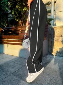 INAWLY 女士抽绳腰部松紧腰带简约风格运动裤，秋冬季休闲款 - 黑色 - 查看 4